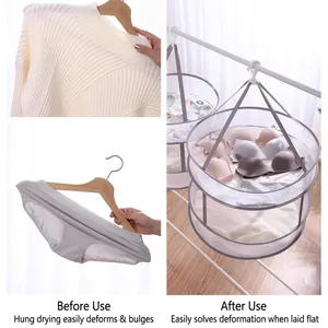 Multi-tier drying net for sweaters and socks showing flat dry solution vs hanger deformation
