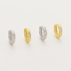Elegant S925 silver marquise zircon huggie earrings with textured ribbed design