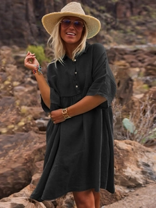 Relaxed black polo collar button-up shirt dress for women in breathable cotton linen