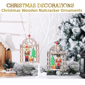 Detail of wooden nutcracker ornaments with red beads hanging on white branches