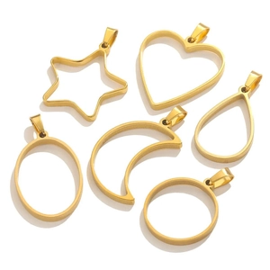 Detail view of six gold geometric stainless steel hollow pendants for DIY jewelry making