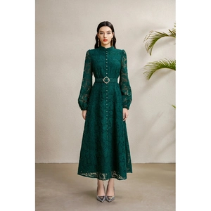 Women Elegant Lace Maxi Dress Long Lantern Sleeve Stand Collar Button Front Vintage Palace Style With Belt