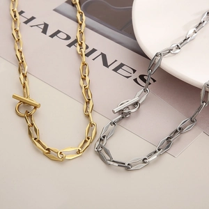 Golden and silver stainless steel OT toggle necklaces with rectangular hollow chain links