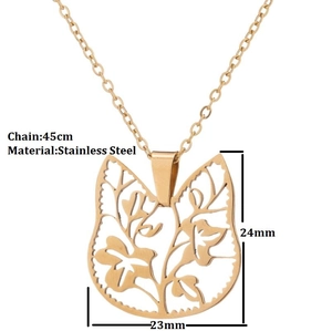 Golden hollow cat pendant necklace with floral patterns and dimensions on white background