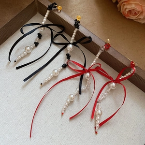 Elegant ribbon bow pearl tassel earrings with crystal studs for women fashion