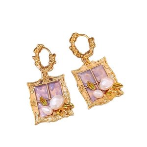 French vintage gold earrings with lavender window design and white pearl floral accents