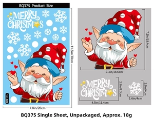 Size chart for Christmas static stickers showing dimensions of Santa and snowflakes
