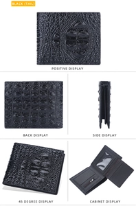 Detailed views of black crocodile tail texture folding wallet with multiple card slots