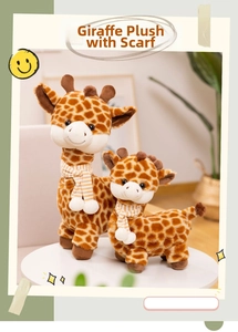 Detailed view of two plush giraffes with orange striped scarves in a cozy setting