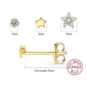Detail of S925 sterling silver gold stud earrings set showing dimensions and hallmarking