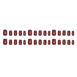 Short square-oval cat-eye press-on nails in deep red shimmer, 24 pieces set