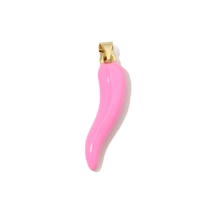 Close-up of a vibrant pink chili pepper pendant with a shiny gold clasp for jewelry making