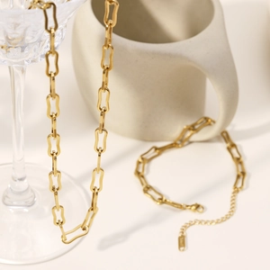Minimalist Stainless Steel Paperclip Link Chain Necklace And Bracelet 18K Gold Plated Geometric Fashion Jewelry For Women