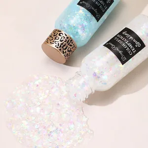 Fonkelende glittergel voor lichaam en ogen in blauw en iriserend met luipaard goudkap