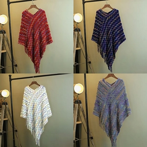 Poncho En Tricot Pour Femme Châle Ethnique Motif À Vagues Colorées Cape À Franges Doux Chaud Style Bohème