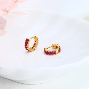 Macro view of gold S925 silver earrings with red rectangle zircon in a ceramic dish