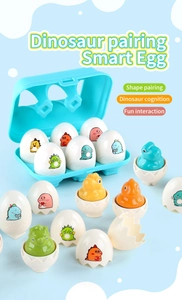 Detail showing 6 dinosaur matching eggs in a blue storage box for shape cognition