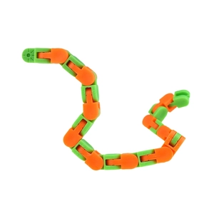 Close-up of green and orange 24-section wacky tracks fidget chain on white background