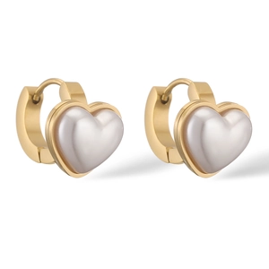 Polished gold heart hoop earrings with iridescent mother of pearl inlay on white background