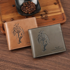 Classic men's bi-fold leather wallet with retro western embossing in brown and gray