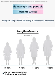 Size reference chart showing hooded surf poncho length relative to various heights