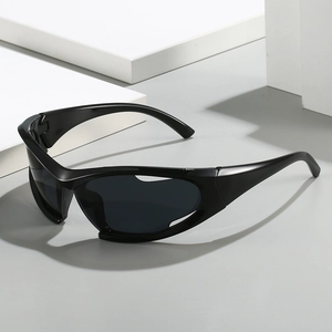 Futuristic Y2K wrap-around sports sunglasses with sleek black frame and grey UV lenses