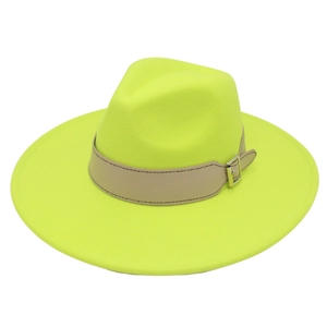 Detail of neon yellow fedora hat showing wide brim and faux leather belt with metal buckle