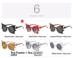 Detailed overview of six stylish batwing sunglasses in various colors on white background