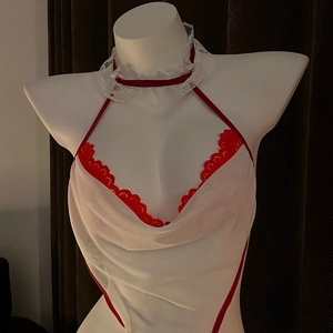 White sheer mesh nurse costume lingerie with red lace trim and halter neck design