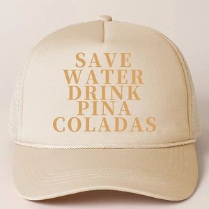 Casquette trucker beige réglable avec slogan Save Water et maille blanche aérée