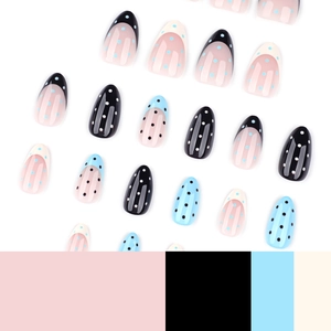French almond press-on nails featuring polka dots and pastel color-block patterns