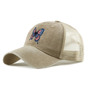 Khaki trucker hat with breathable mesh back and American flag butterfly embroidery design