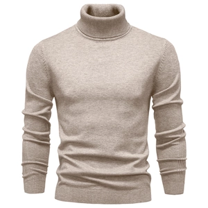 Men's turtle neck knit sweater in beige cashmere blend with ribbed cuffs and hem