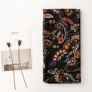 Ethnic retro black paisley cotton linen feel scarf with bohemian fringe and floral patterns