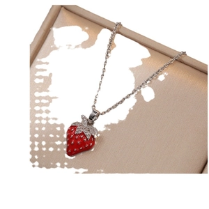 Sweet red enamel strawberry pendant necklace with sparkling zircons and silver chain