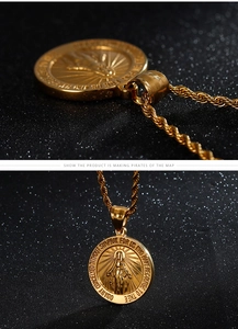 Detailed relief of Virgin Mary gold pendant with intricate engraved prayer on rope chain