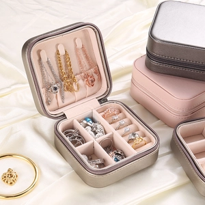 Portable square jewelry organizer box with necklace hooks and multi-slot ring storage compartments