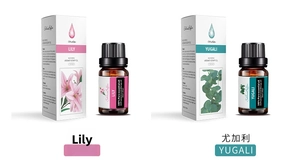 Detail of 10ml Lily and Eucalyptus essential oil bottles with white packaging boxes
