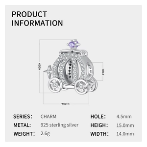 Detailed view of silver pumpkin carriage charm with purple gems and white zircons