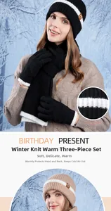 Close-up of winter knit set including a striped beanie, scarf, and warm gloves