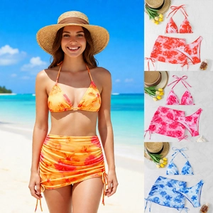 Women Floral Print Bikini Top And Bottom With Matching Drawstring Sarong Skirt Halter Neck Swimwear For Beach Vacation