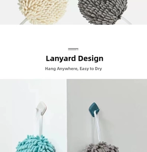 Detail of chenille hand towel ball featuring a sturdy hanging loop for easy storage