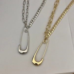 Hip hop style gold and silver cuban link necklace with creative safety pin pendant