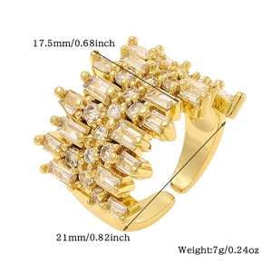 Detail view of gold adjustable ring with micro-pave cubic zirconia and size dimensions