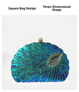 Detailed close-up of a peacock feather pattern clutch bag with sequins and beads