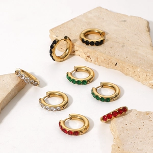 18K gold plated stainless steel hoop earrings with colorful round zircon gemstone charms