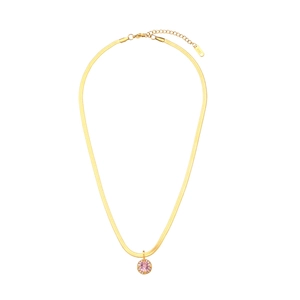 18K gold plated flat snake chain necklace with pink round zircon stone pendant on white