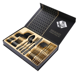 Detailed top view of 24-piece black stainless steel cutlery set in a premium gift box