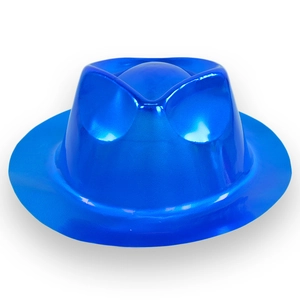 Shiny metallic blue PVC jazz hat with wide brim for festive parties and performances