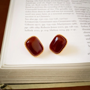 Vintage Square Stud Earrings Wine Red Acrylic Gold Plated Copper With 925 Sterling Silver Earring Post French Style For Women